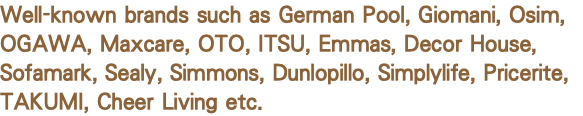 Well-known brands such as German Pool, Giomani, Osim, OGAWA, Maxcare, OTO, ITSU, Emmas, Decor House, Sofamark, Sealy, Simmons, Dunlopillo, Simplylife, Pricerite, TAKUMI, Cheer Living etc.